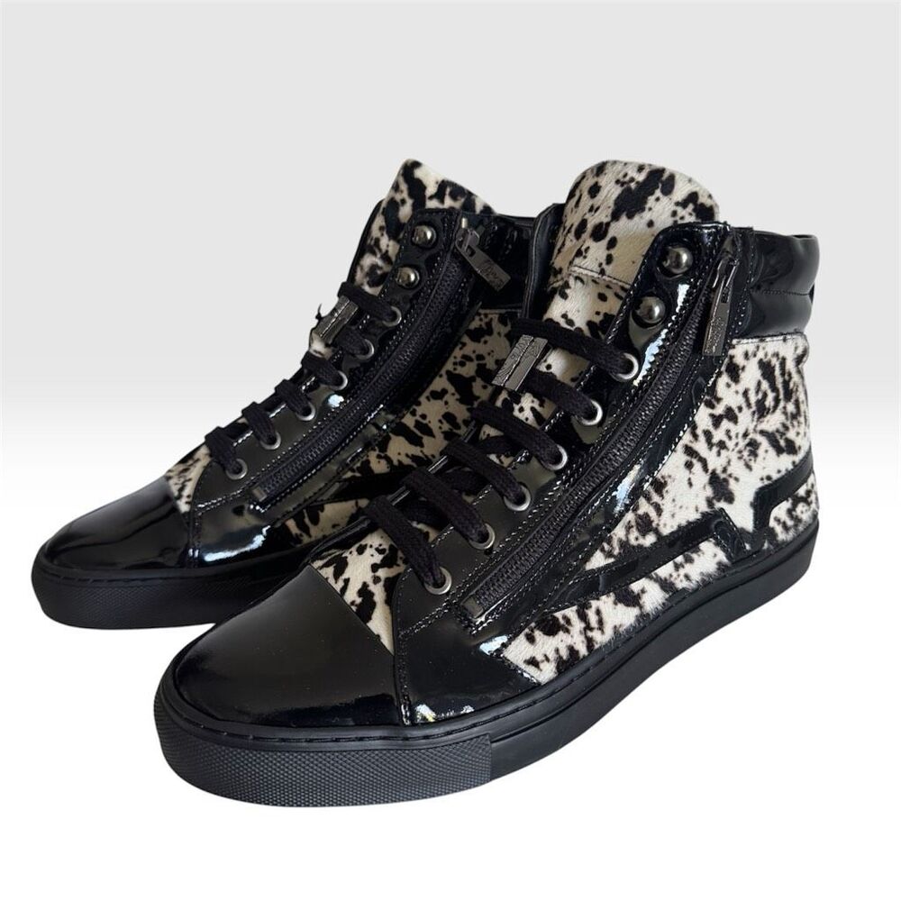 Versace Collection Black Pony Hair Patent Leather High Top Sneakers Medusa NEW